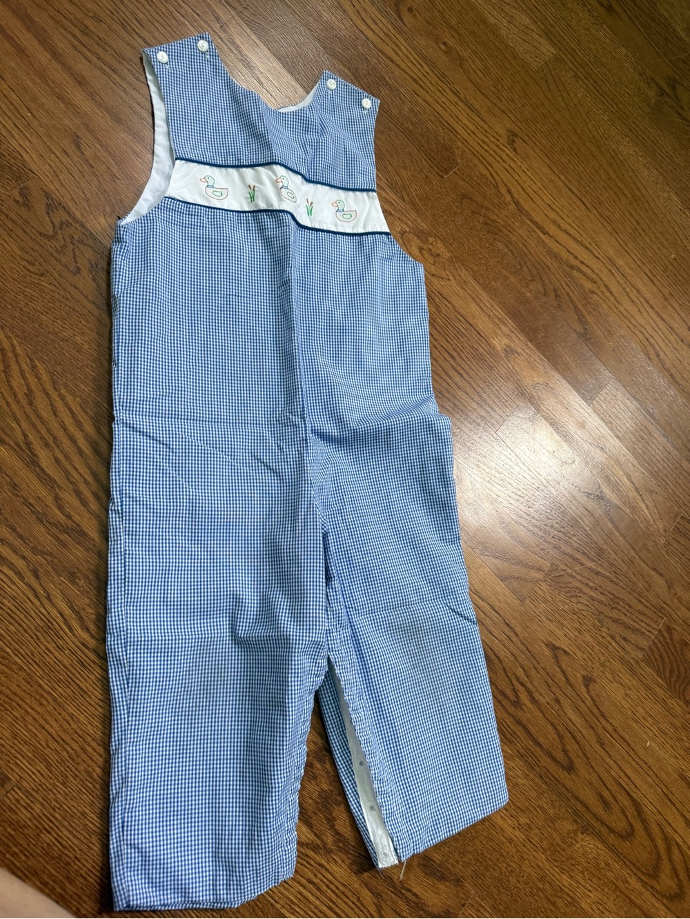 Blue Gingham Kids Overalls with Duck Appliqué